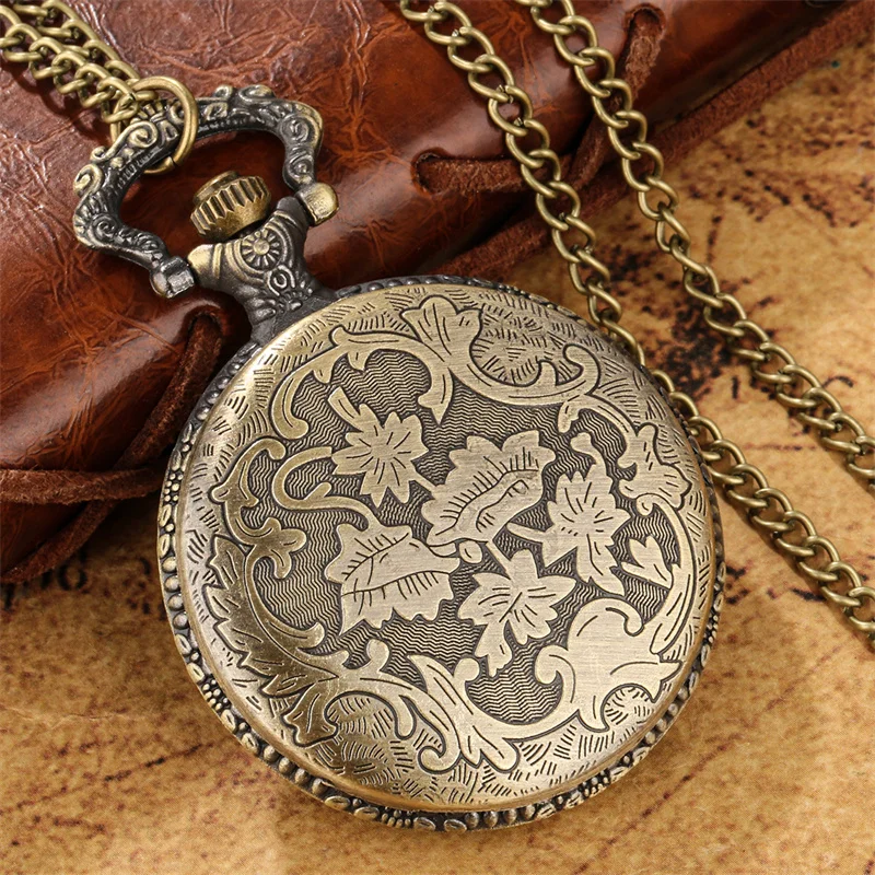 Bronze Hollow Out Tree Case Roman Numeral Display Quartz Movement Pocket Watch for Men Women with Necklace Chain Gift Reloj
