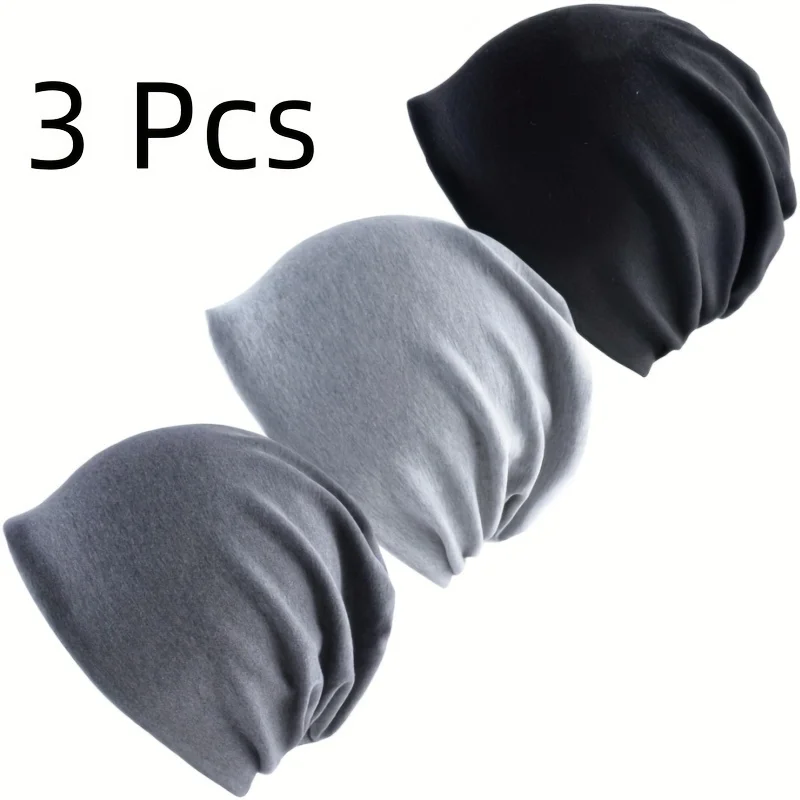 3-piece polyester knitted beanie-loose soft stretch Sports Beanie, solid color, lightweight knitted beanie, suitable for daily w