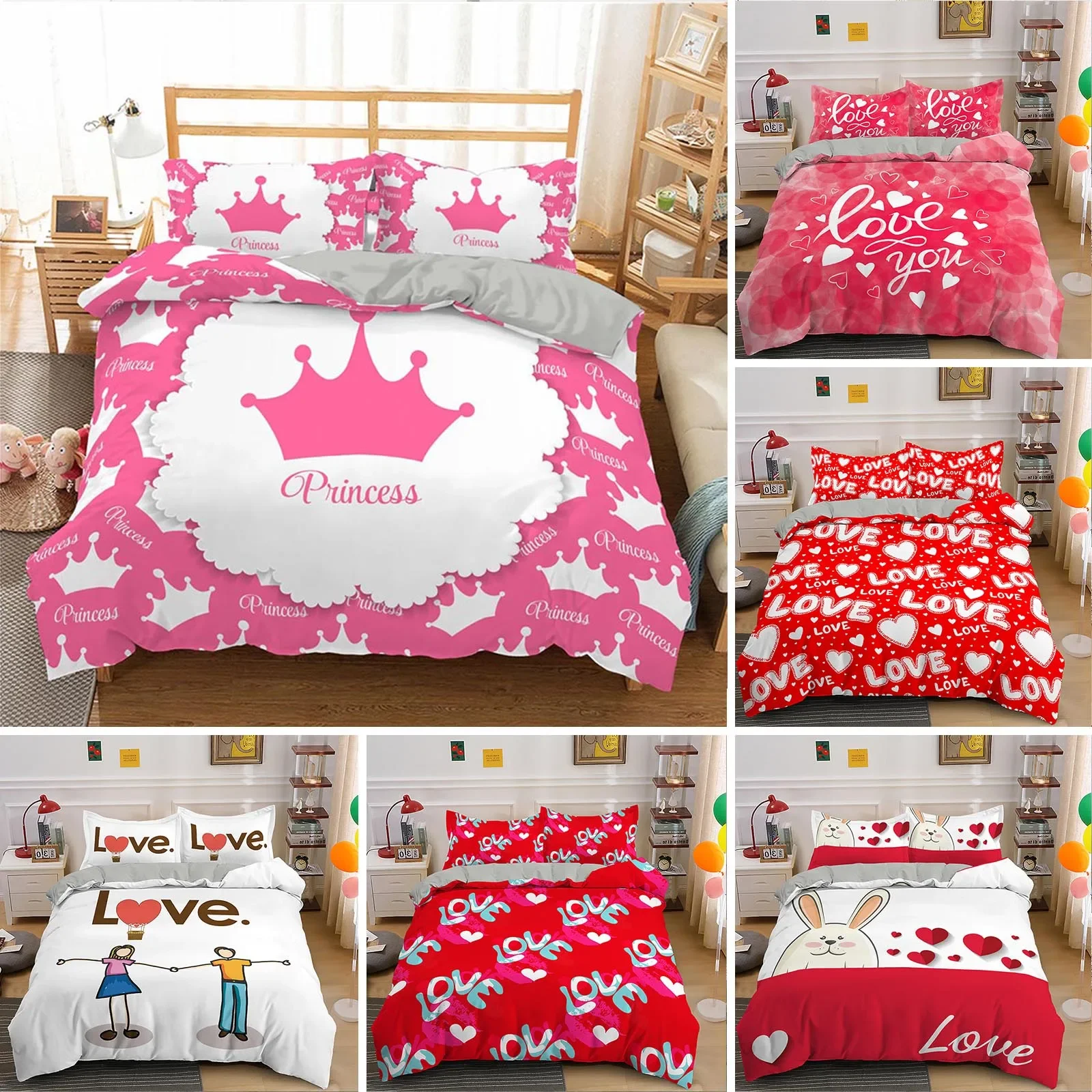 

3D Printed Couple Bedding Set I Love You Crown Duvet Cover Double Twin Full Queen King Adult Kids Bedclothes Quilt Cover