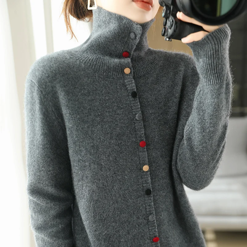 Cárdigan de lana de 100% para mujer, Jersey de punto con solapa, suéter holgado de una sola botonadura, abrigo con botones coloridos, Tops, blusa informal