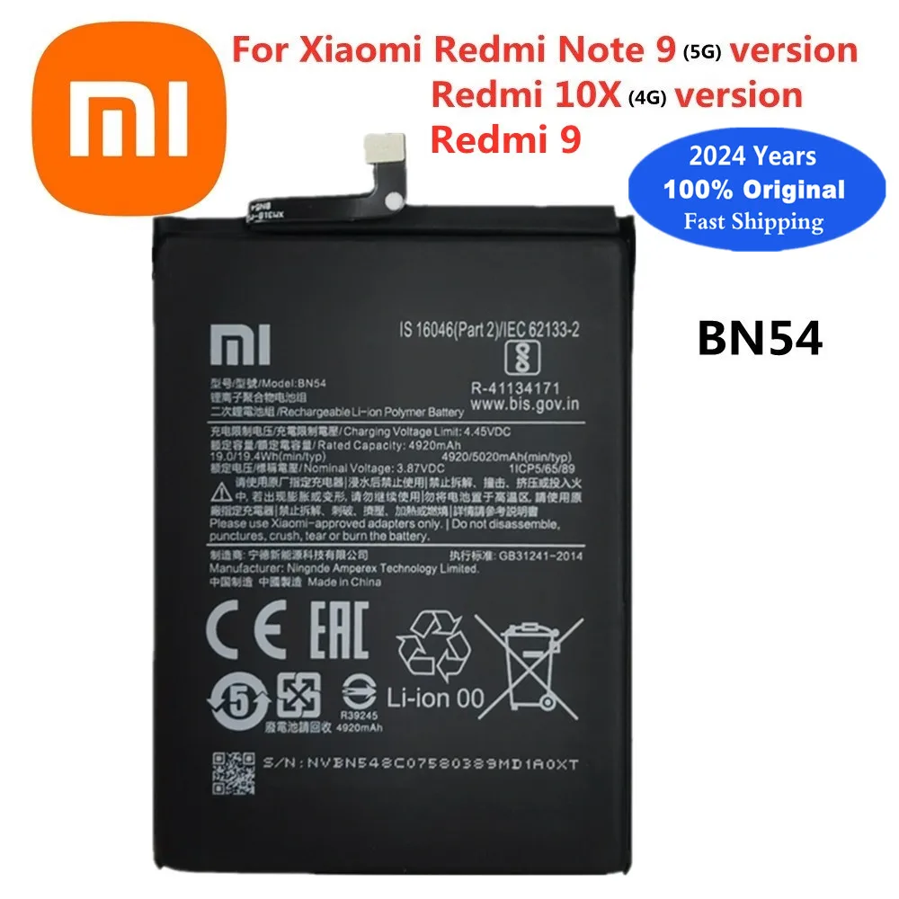 2024 years 100% Original Battery BN54 For Xiaomi Redmi Note 9 5G / Redmi 9 / Redmi 10X 4G Version 5020mAh Mobile Phone Battery