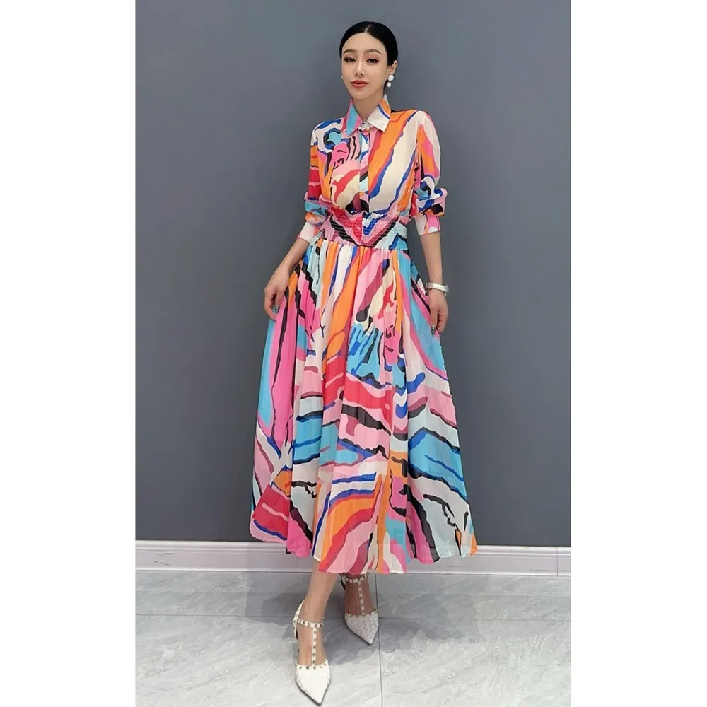 

2024 Spring Autumn New Women Dress Set Printed Mid Sleeve Top + Large Swing Skirt Loose Large Size Fashion Two Piece Set ZF018