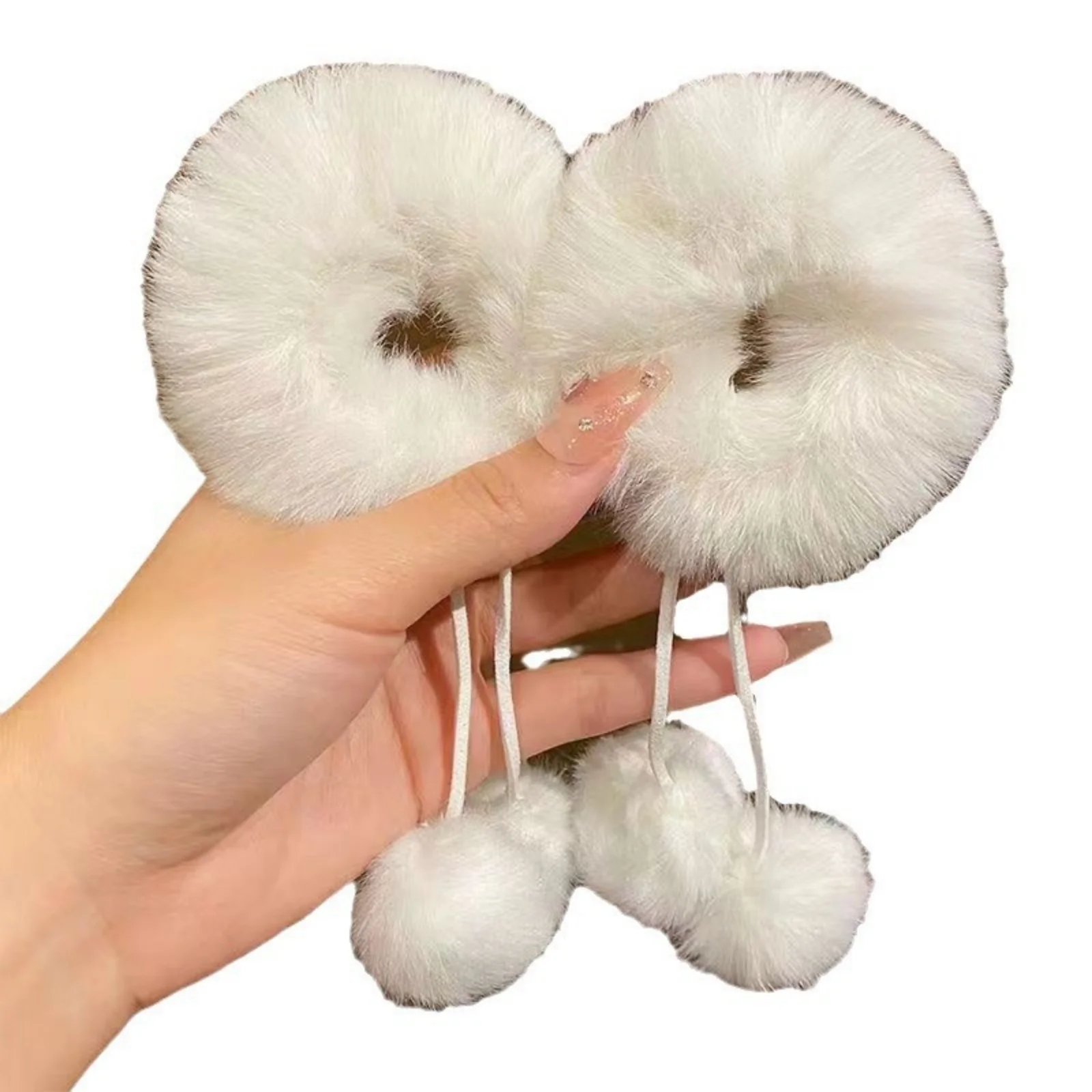 2 Stück flauschige Haarspangen mit Pompons, weiße Kunstfell-Haarnadeln für Damen, süße, trendige Haaraccessoires für Hochsteckfrisuren, modische Haarverzierung für den Winter. – Detail 8