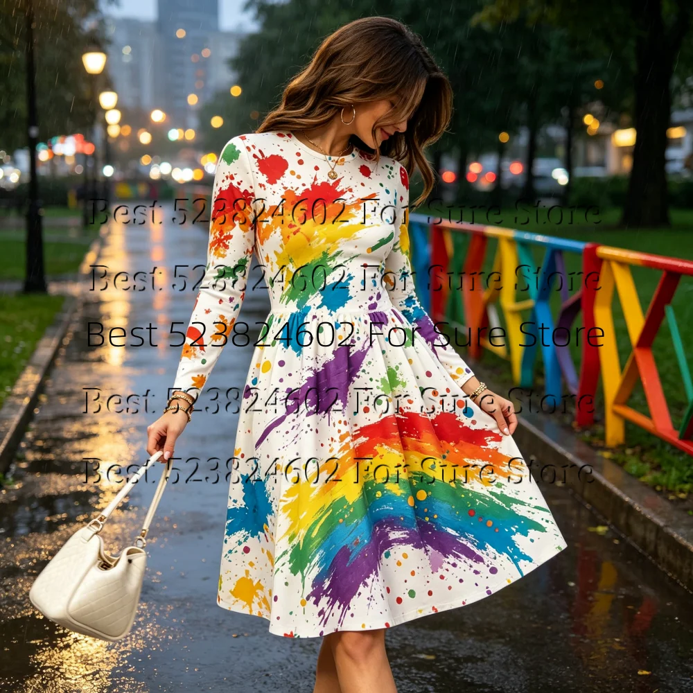 Women Round Neck Long Sleeve Midi Dress Colorful Rainbow Paint Splash Art Print A-Line Flared Dress Casual Party Ladies Dress
