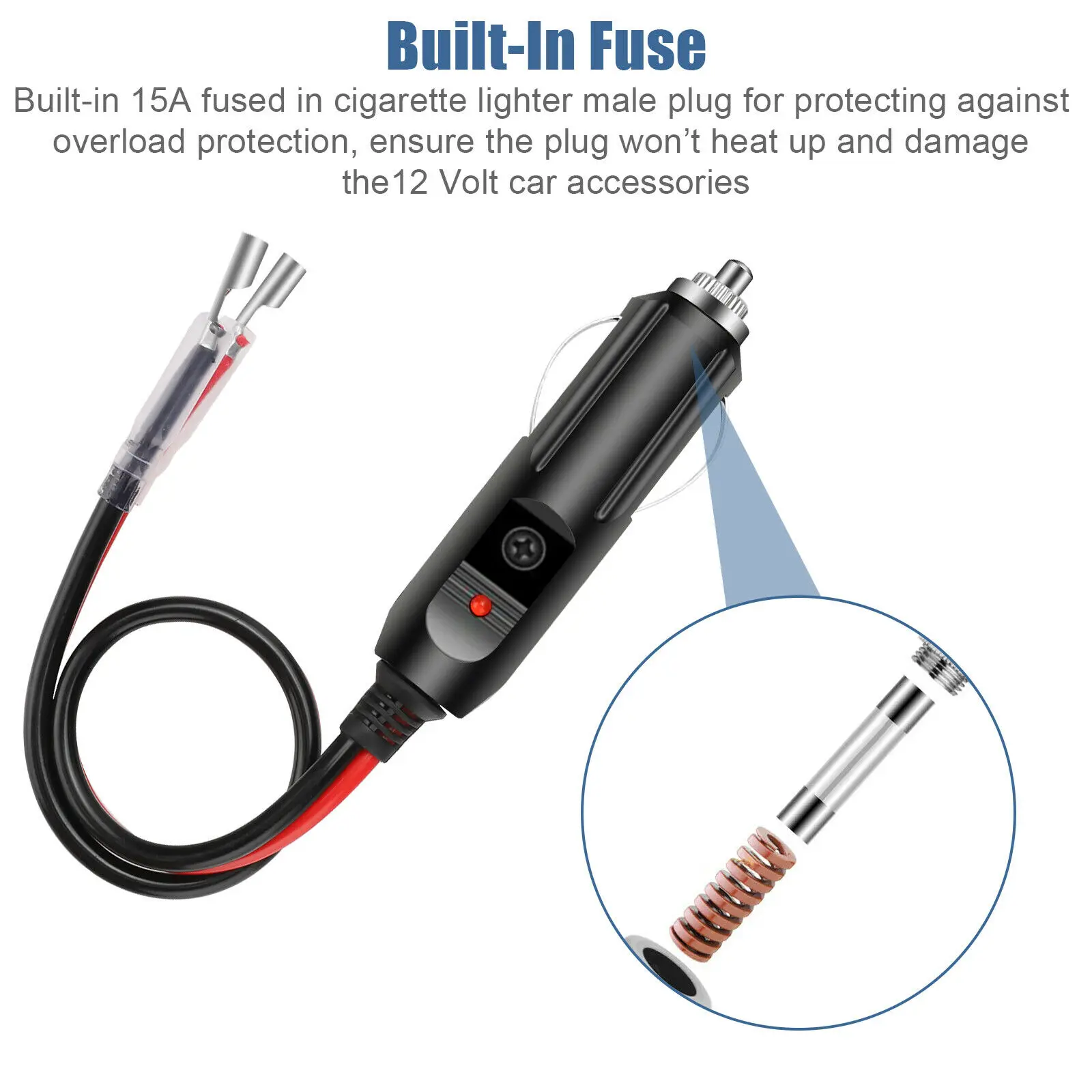 12v fused cigarette lighter plug 2Pack 12V 15A Fused Car Cigarette Lighter Adapter Anti-Slip Flat Spring  Power Male Plug Connecter with Leads