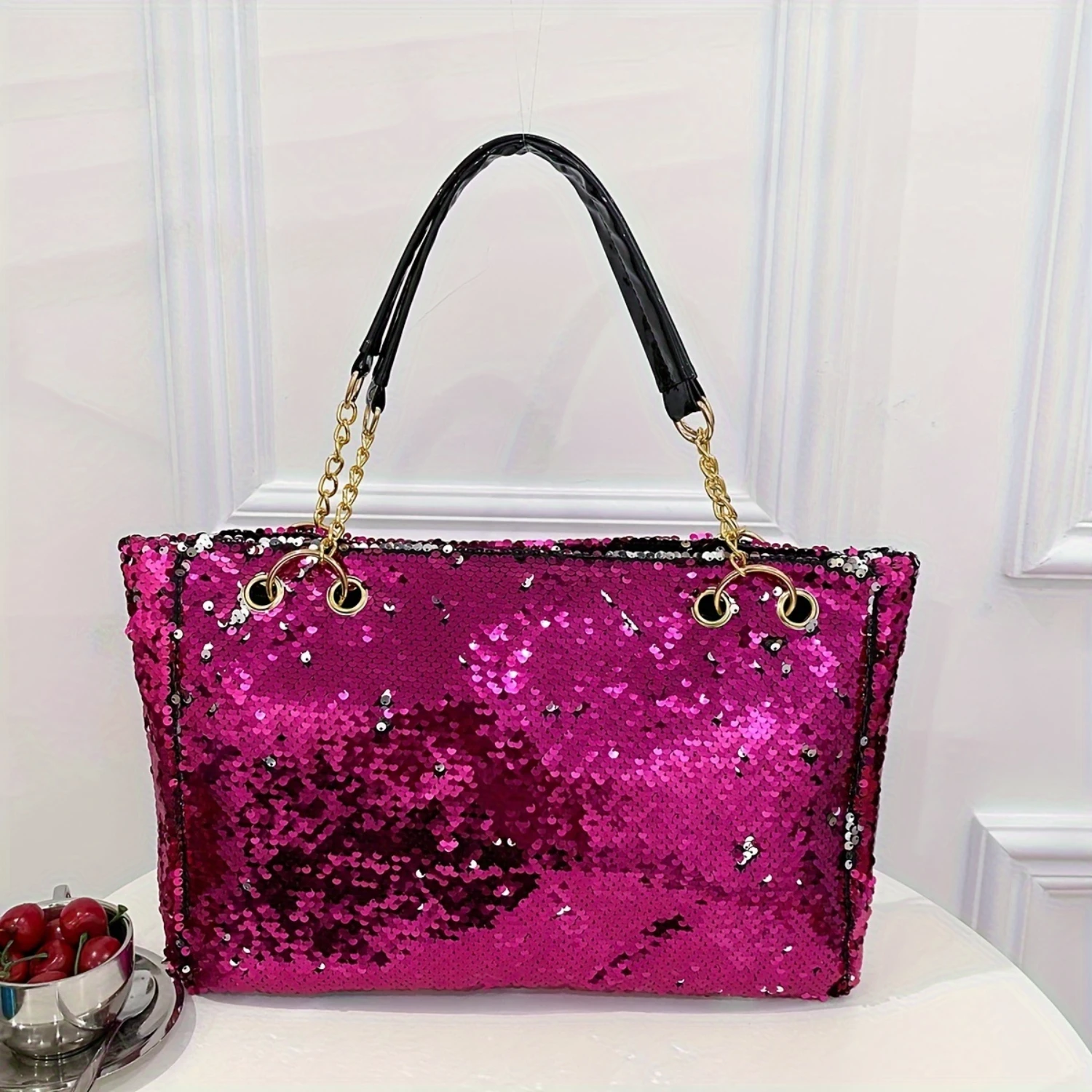 Sequin Tote Bag with Metal Chain, Versatile Handbag for Commuting & Work