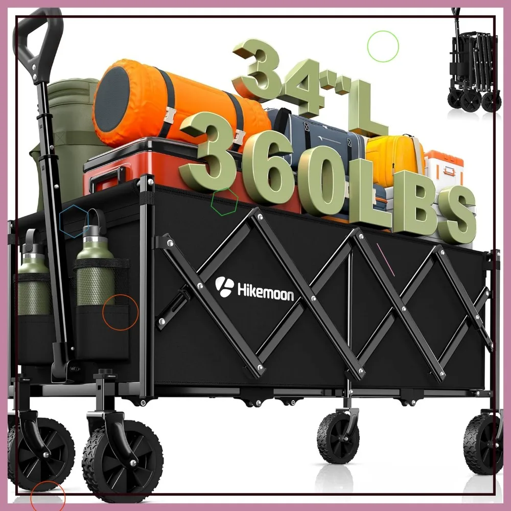 34'' extra lange opvouwbare wagenwagen, 360LBS heavy duty, draagbare gereedschapswagen voor strand, kamperen, winkelen