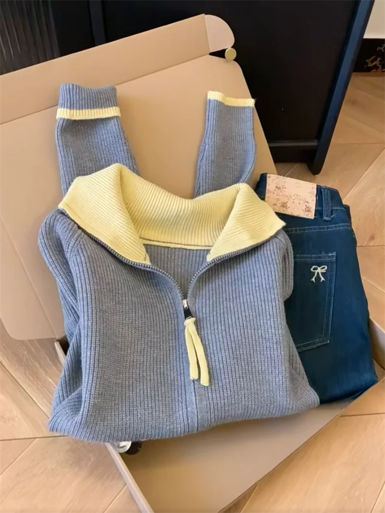 

Color Blo Collar Double Zipper Long Sve Knitted Cardigan Women's Faion Versatile Casual Sle Soft Knitted Sweater
