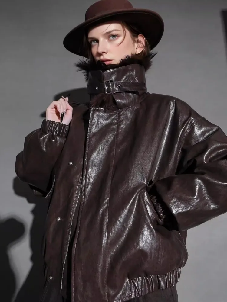 Women Fashion Raccoon Fur Lapel Collar Jacket Faux Leather Goose Down Coat British Style Winter Warm Jackets Zipper Loose Coats