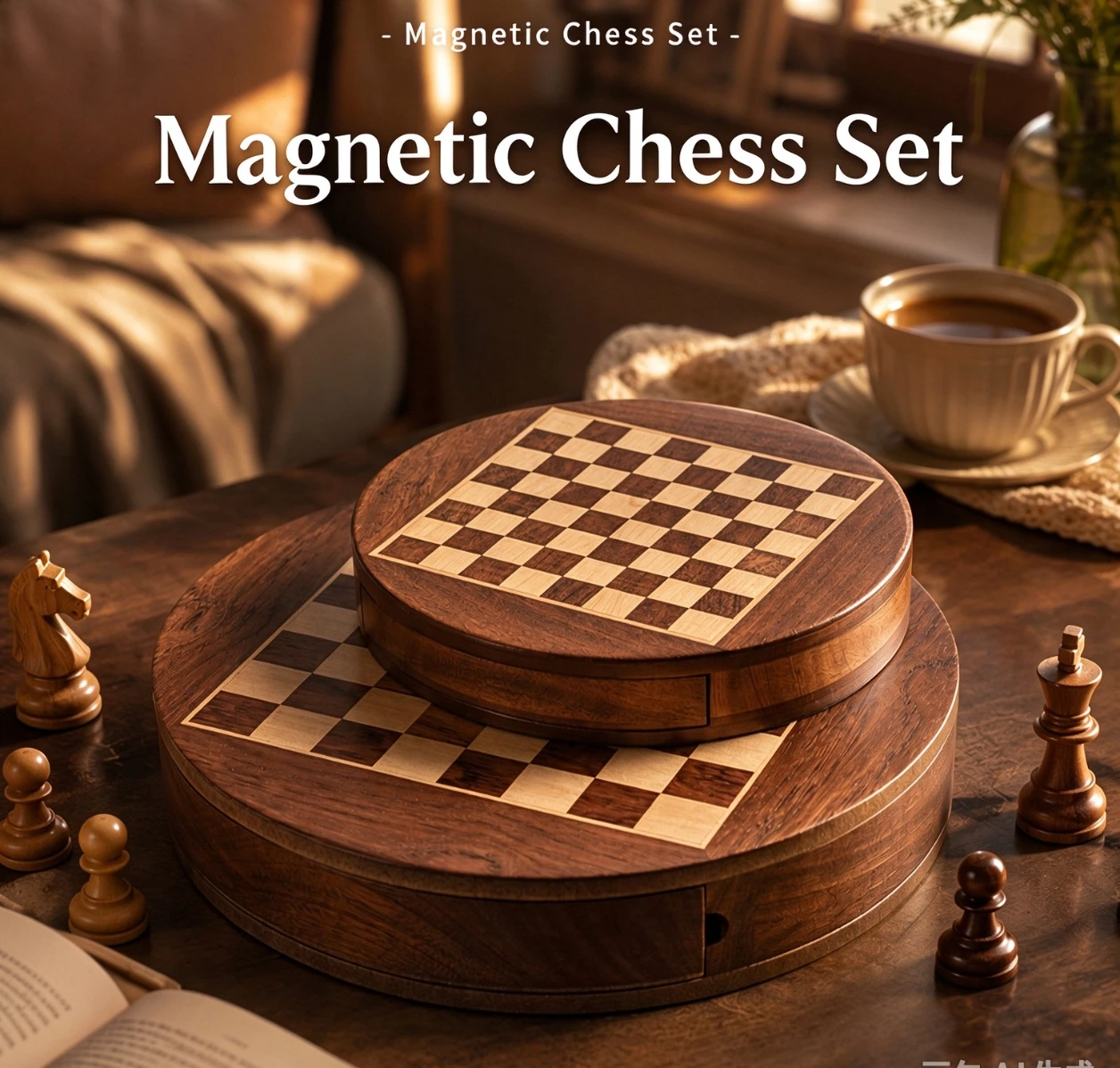 Wooden Round Magnetic Chess Set with Hidden Storage Drawer Portable Wood Chess Board Game Classic Tabletop Game for Family Party