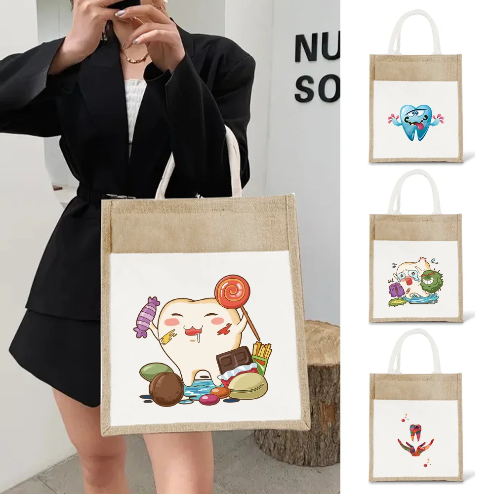 

Tote Bag Environmental Jute Shopping Bag Portable Large Capacity Beach Bag Lightweight Grocery Storage Bags Teeth Series