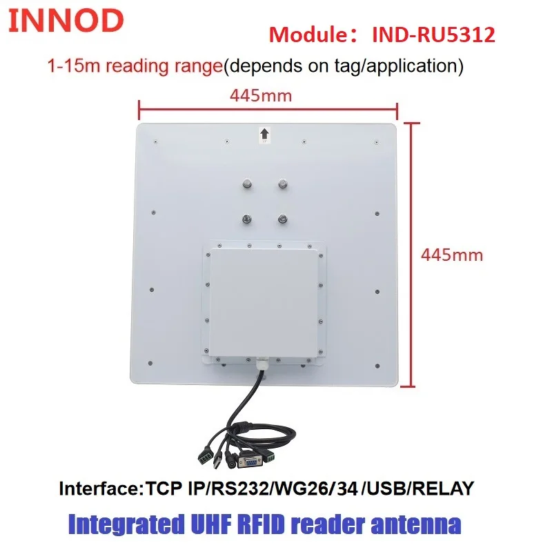 Imagem -05 - Leitor Uhf Rfid com 15m de Longo Alcance Usb Rs232 Wg26 34 Interface de Relé Antena Embutida de Ganho 12dbi Sdk Livre para Estacionamento