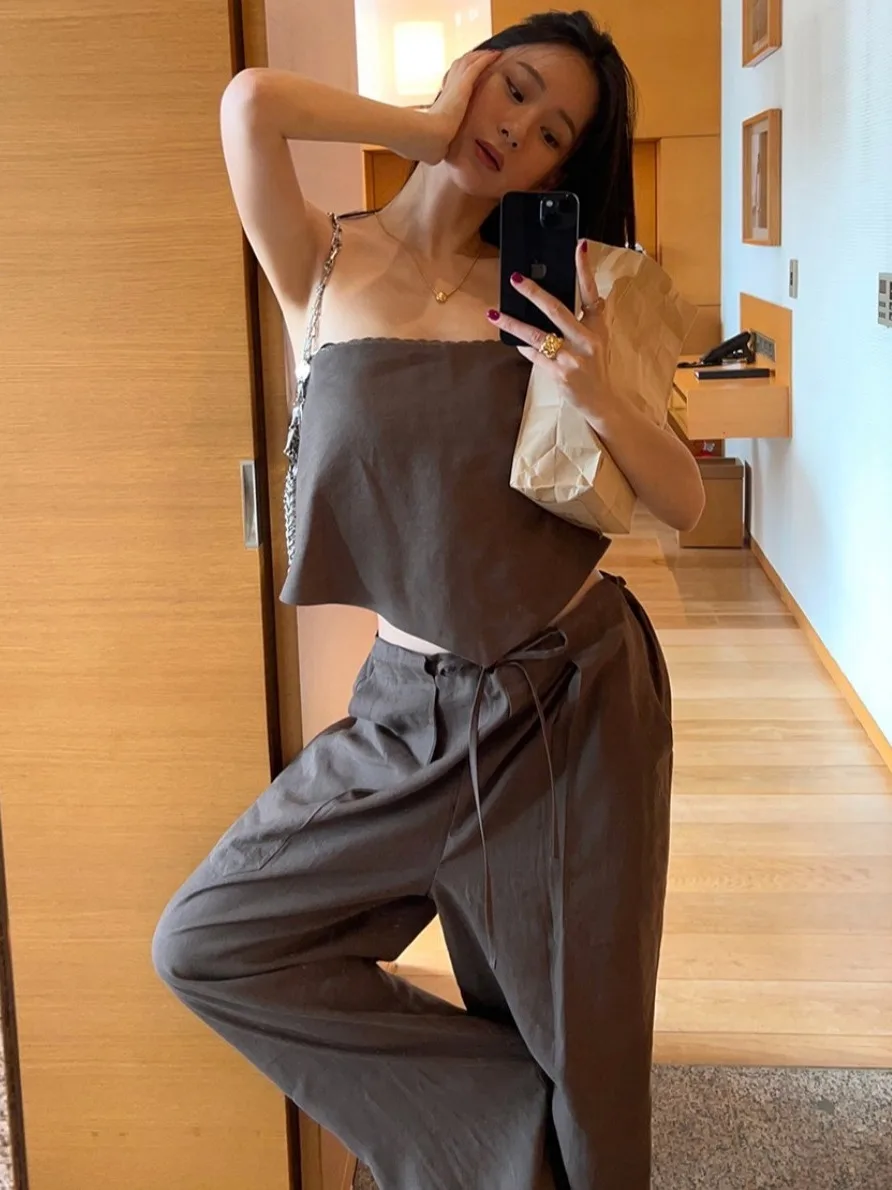 

Новые летние повседневные брюки с высокой талией, комплект из двух предметов, жилет с бретелями, женская модная уличная одежда Sle Pure E-commerce S