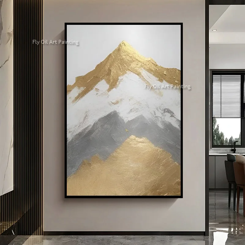 Hand Painted Gold Grey Mountain Oil Painting, Thick Palette Knife Textured Canvas Art, Neutral Vertical Wall Decor