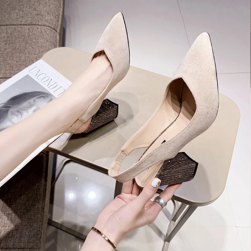 2024 Women\'s Chunky Slingback Mule Casual Pointy Pumps Retro Office High Heels Women\'s New Stretch Band Set Mary Jane Shoes