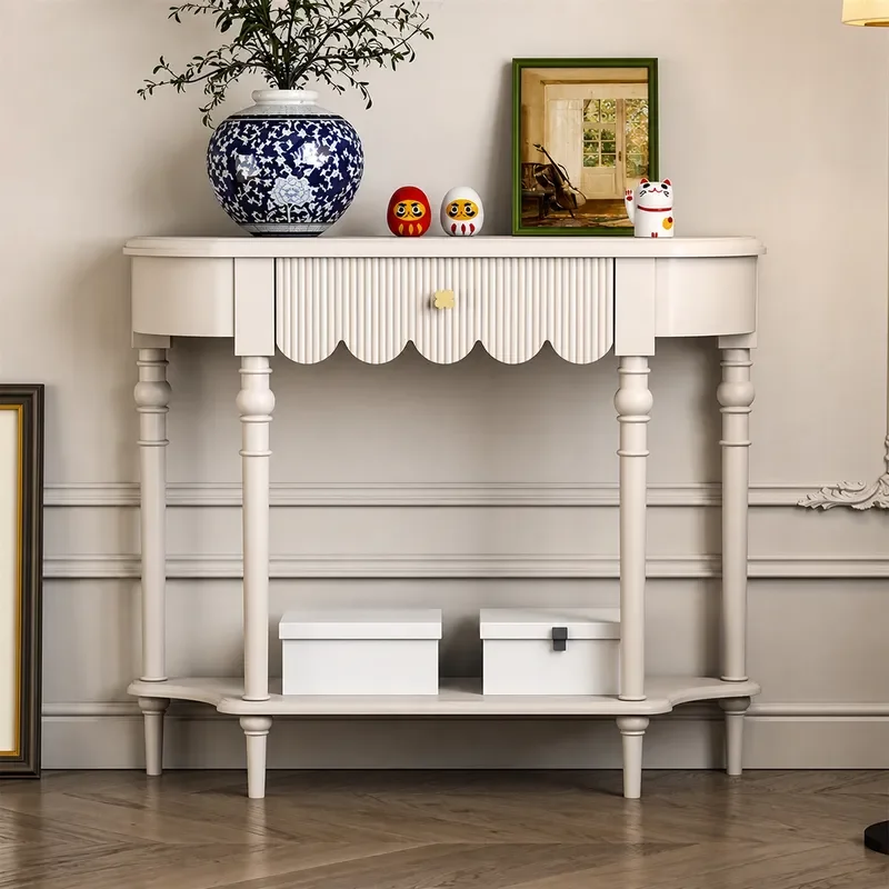 Creamy White Solid Wood Entryway Cabinet Wall Mounted Console Table Modern Simple Foyer Storage Desk for Hallway Entrance