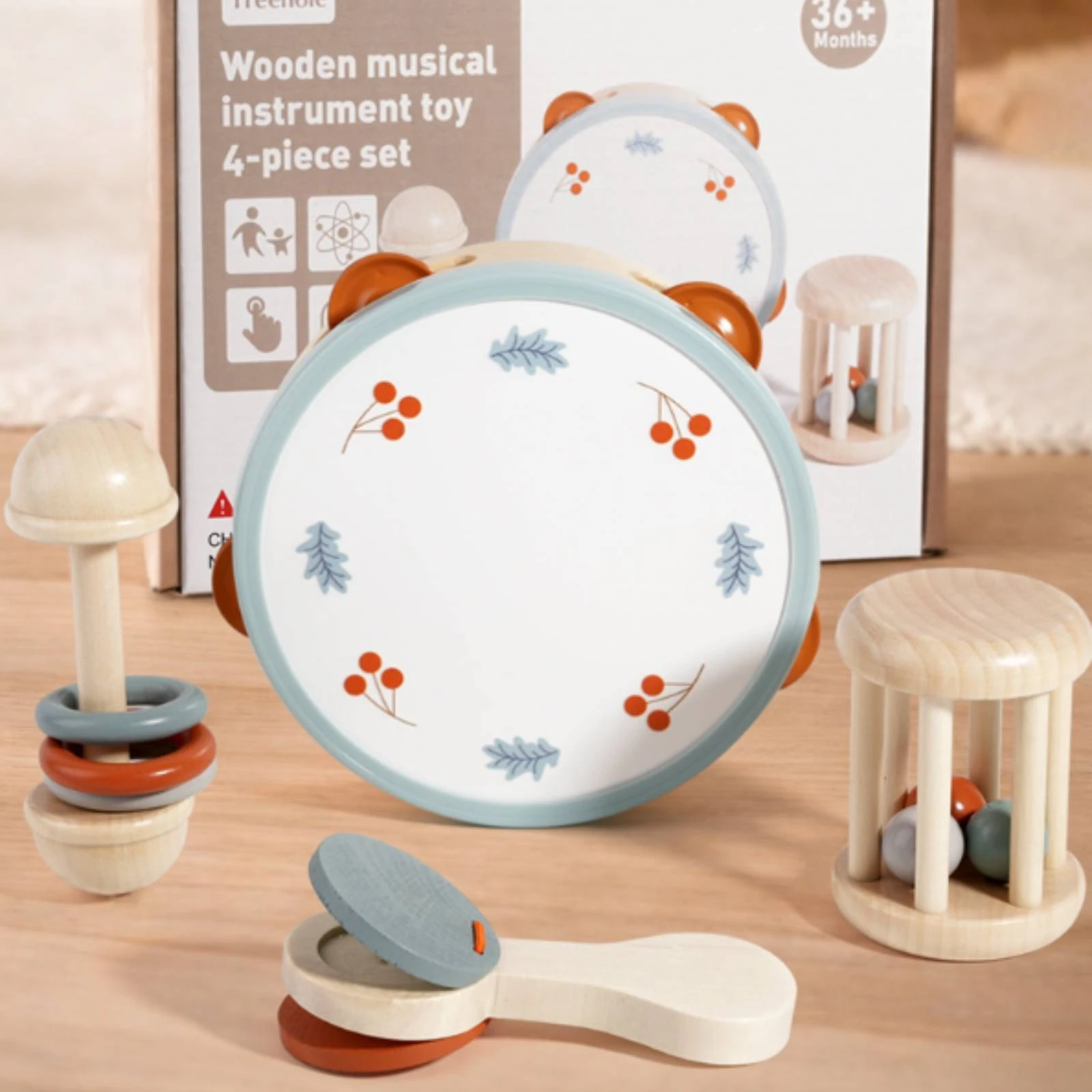 4-pieces-toddler-percussion-set-natural-wood-wooden-drum-set-bead-shaker-toy-pastel-accents-polished-finish-for-young-children