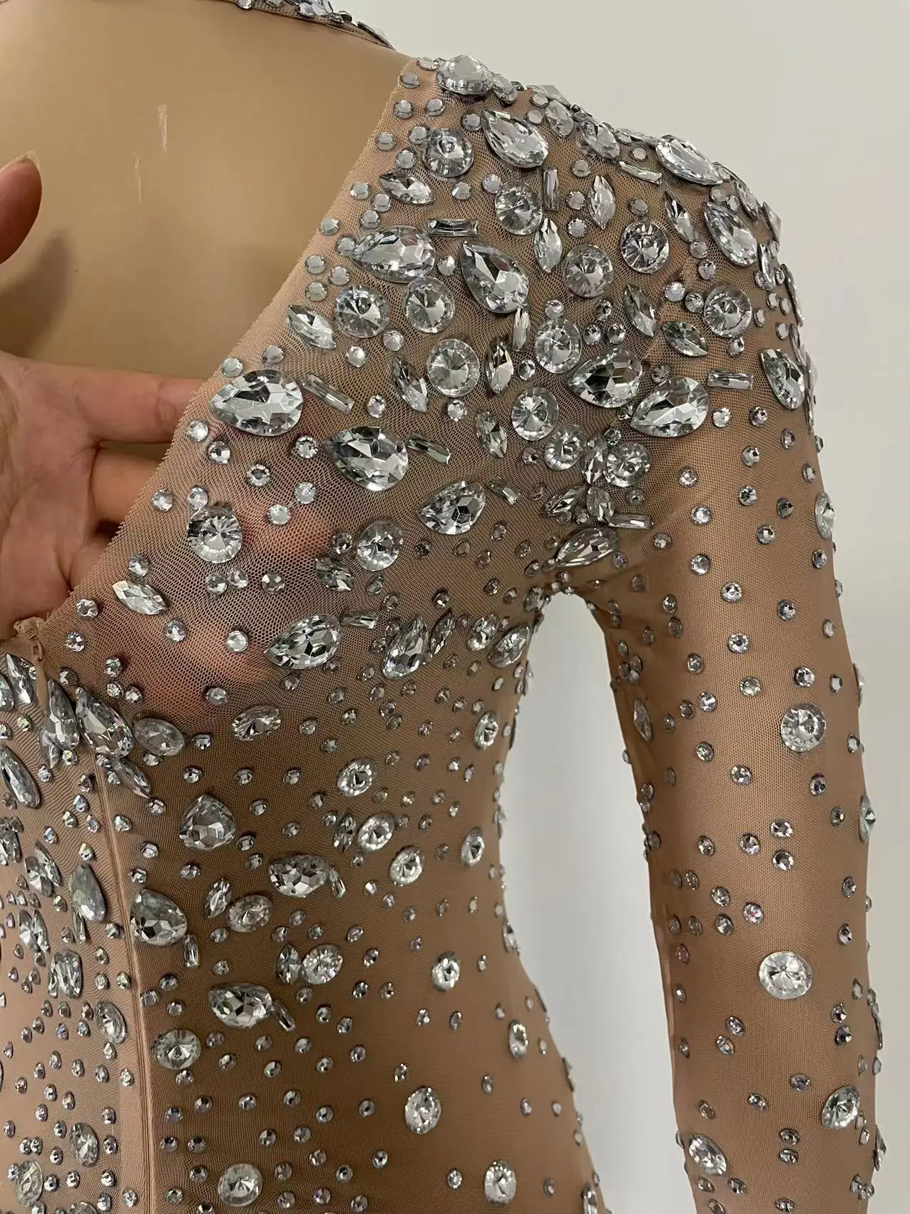 ผู้หญิง Rhinestones หรูหราคริสตัลตาข่ายยาวชุดวันเกิดงานแต่งงานฉลองชุดราตรีชุดราตรีนักร้องสวมใส่