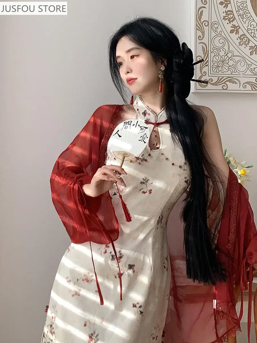 

Reduction Waist Slimming Chinese Style Neck Hanging Dress Retro Cheongsam Qipao Summer Print Fashionable Slim Fit Evening Gown