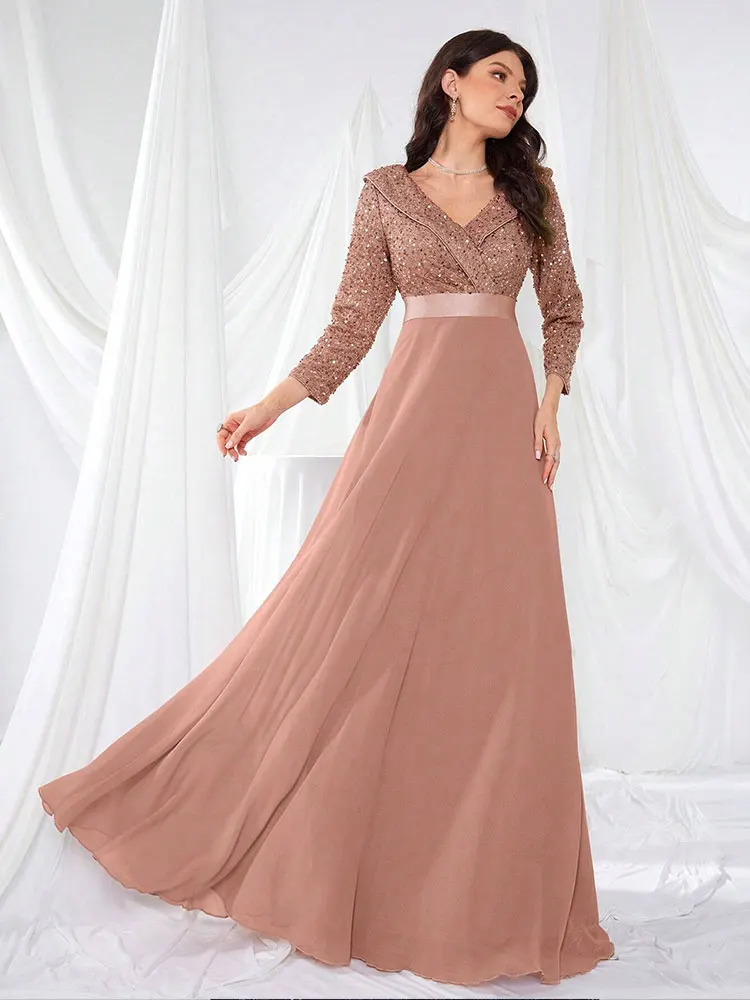 Long-sleeved V-neck sequined shiny chiffon floor-length evening dress autumn shiny bridesmaid banquet evening dress Prom Gown