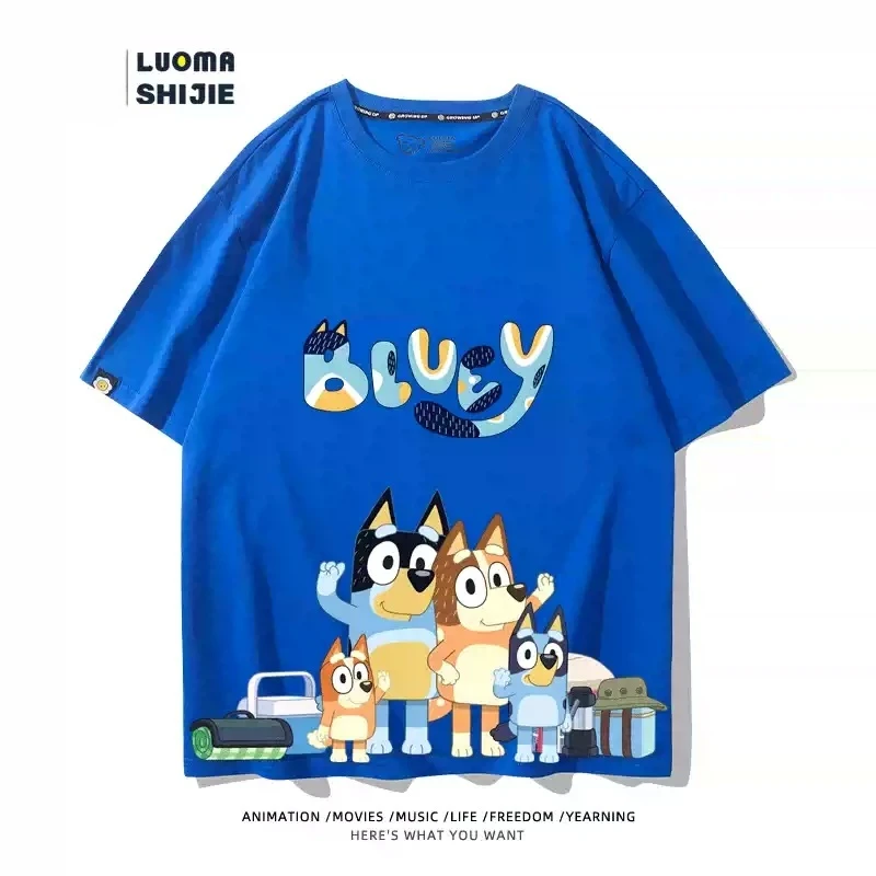 2024 Summer Bluey Dog Animation Parent-child Peripheral Short-Sleeved Boys And Girls Cotton Cartoon Cute Everything T-Shirt