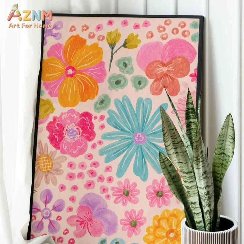 AZNM Vibrant Multicolor Floral Canvas Wall Art Pink Background Hand Drawn Daisy Flower Print Unframed Canvas Bright Aesthetic Ho