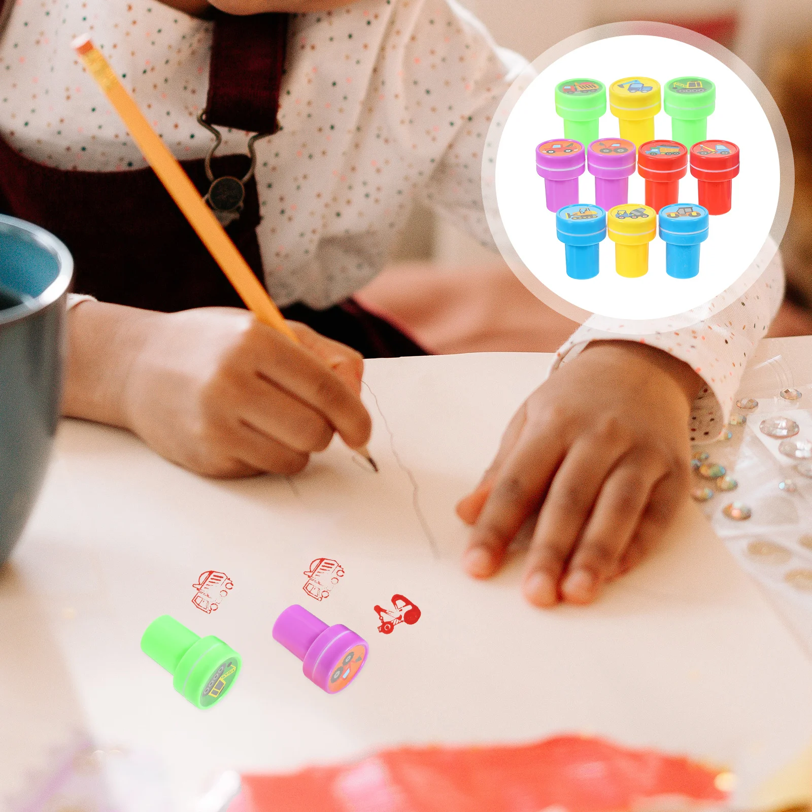 Plastic Stamps for Scrapbook 10pcs Kids Self Inking Stamps Cartoon Truck Theme Craft Supplies Party Favors