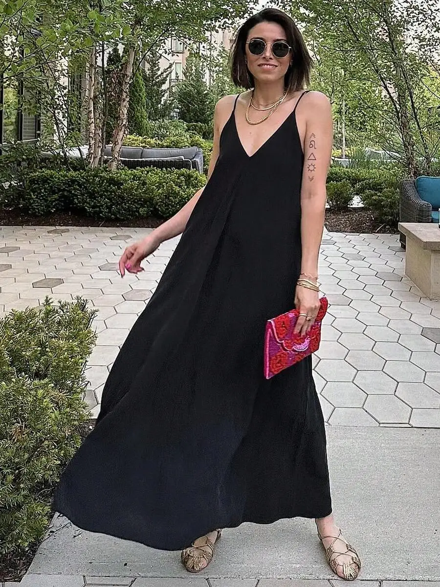 

Women Loose Long Spaghetti Strap Black Dress Summer Beach Casual Party Elegant