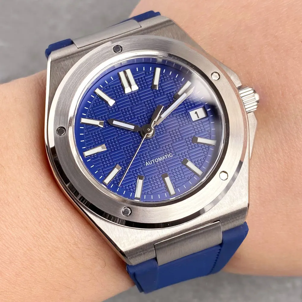 Tandorio 40 mm weiß kariertes Gitter-Zifferblatt, leuchtende NH35 mechanische Herren-Armbanduhr, Saphirglas, Stahlarmband, Datumsstab-Index 10