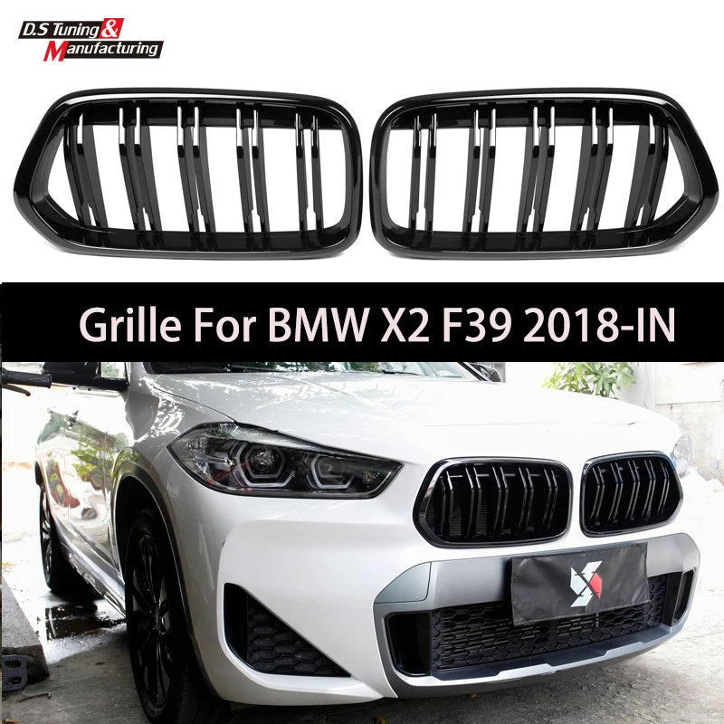 A Pair Front Bumper Kidney Grille Grill For BMW X2 F39 SUV 2018-IN Gloss Black Double Slat Line Racing Grills Car Accessories