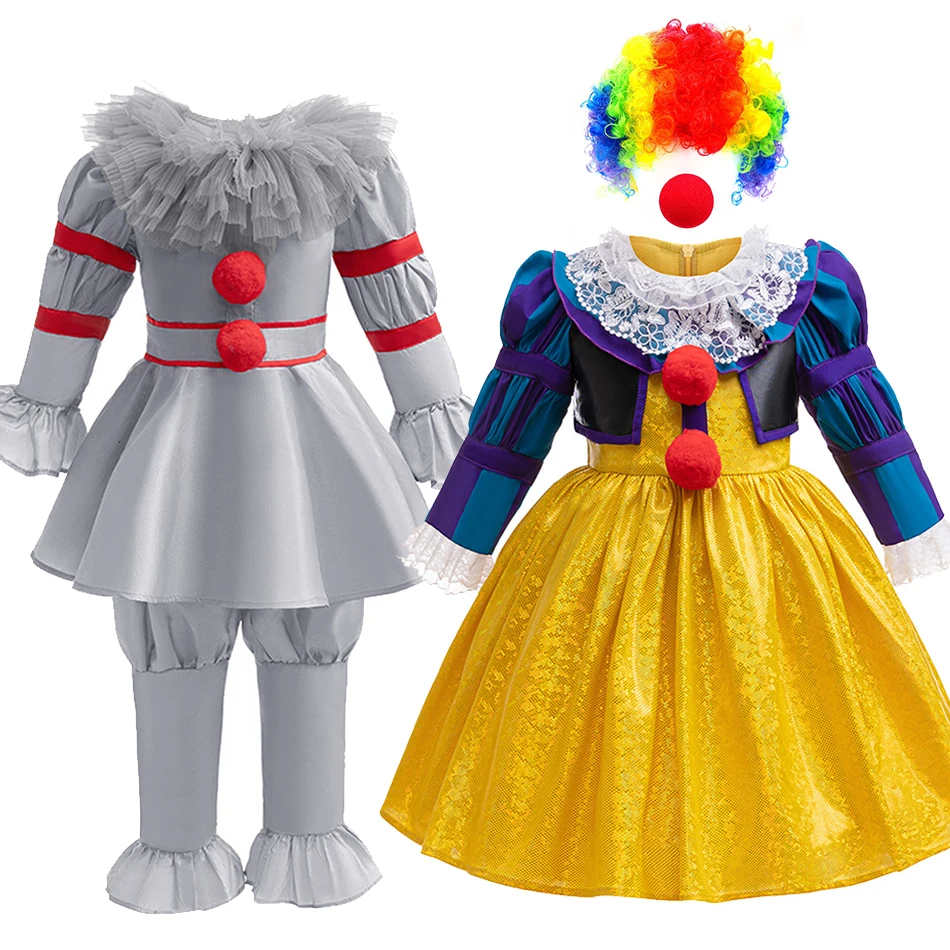 Costume da Clown ragazze vestito di Halloween bambini compleanno carnevale festa a tema maniche lunghe abiti bambini abbigliamento da spettacolo teatrale