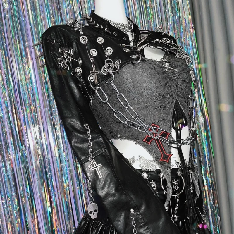 Original Design Y2K Hot Girl Punk Rivet Women's Short Jackets 2025 New Rock Retro PU Leather Sweet Cool Blouse Pin Coat Ladies
