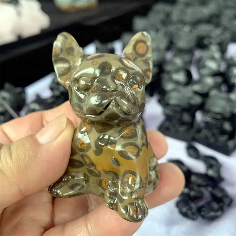 

Natural Leopard Print Stone Cartoon Dog Carving Carved Statue Animal Fashion Home Ornament Art Collectible Gift 1PCS