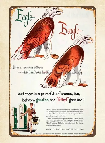 1950 Ad Gasoline Ethyl New York Eagle Beagle Petroleum Oil metal tin sign