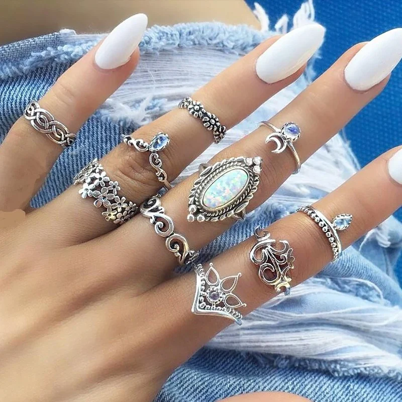 New Bohemian Hollow Carved Crystal Ring Set Flower Sunflower Moon Sun Vintage Water Drop Ring Fashion Jewelry for Women Gifts