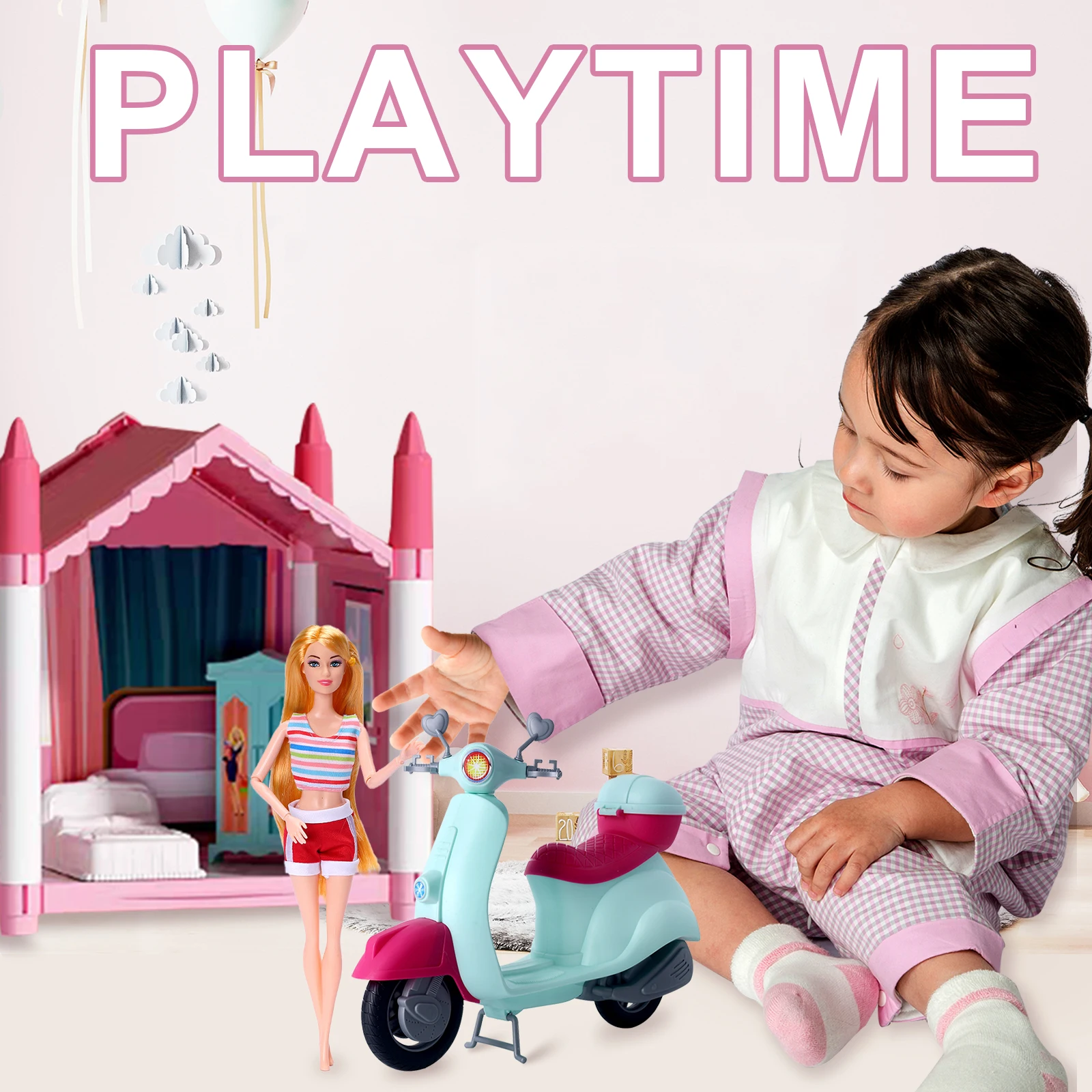 人形おもちゃの車ファッショニスタ明るいピンクのスクーター旅行プレイセットペットの子犬とテーマのアクセサリー付きリアルな詳細