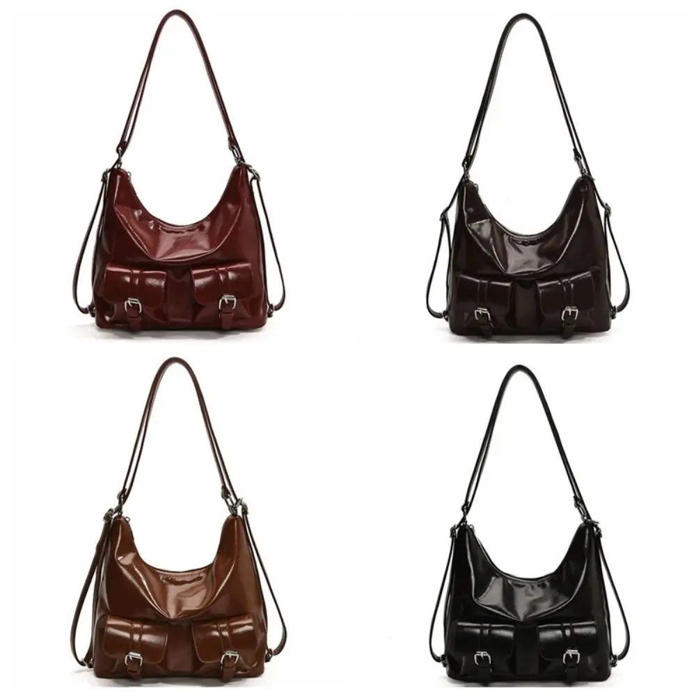 الصلبة اللون جيوب متعددة حقائب الظهر سعة كبيرة حقيبة كتف بولي Leather الجلود حقيبة كروسبودي حمل حقيبة Y2K نمط المرأة على ظهره #6