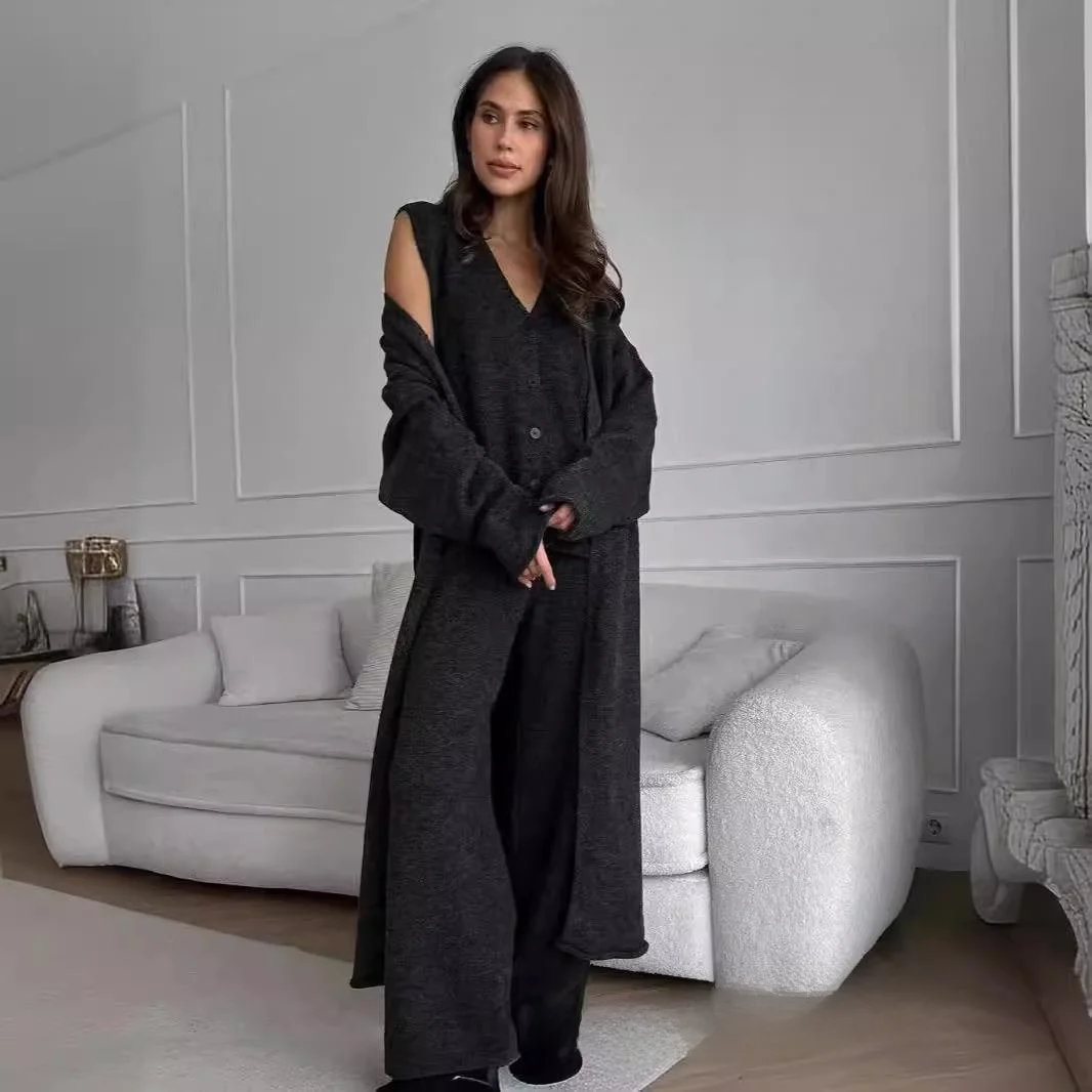 

OL Sle Knitted Tee-Piece Set Women's Autumn Winter Faion Ele Windbreaker Sweater Cardigan plus Pants Casual Trousers