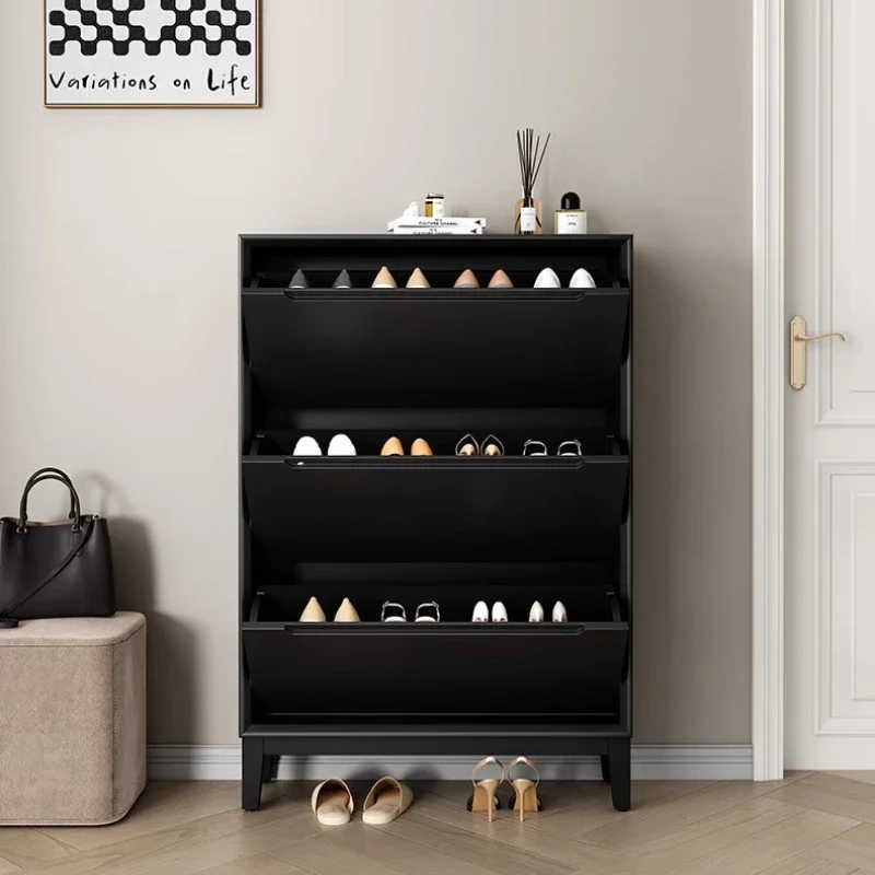 Wooden Tilting Shoe Cabinet Luxury Designer Entryway Storage Organizer Space Saving Shoe Rack for Hallway Living Room