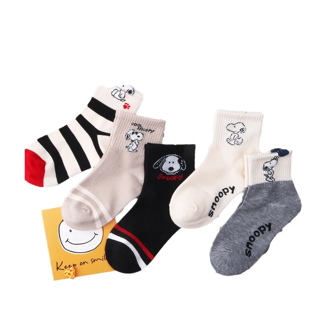 5 Pairs Snoopy Kids Socks Sanrio Kawaii New Fall Winter Cartoon Boy Children Mid-calf Socks Cotton Sock for Girls