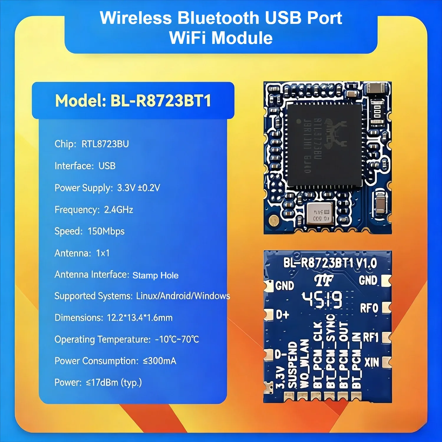Realtek RTL8723BU BL-R8723BT1 WiFi Module with USB Port Wireless Bluetooth BT Image Transmission for IoT Devices