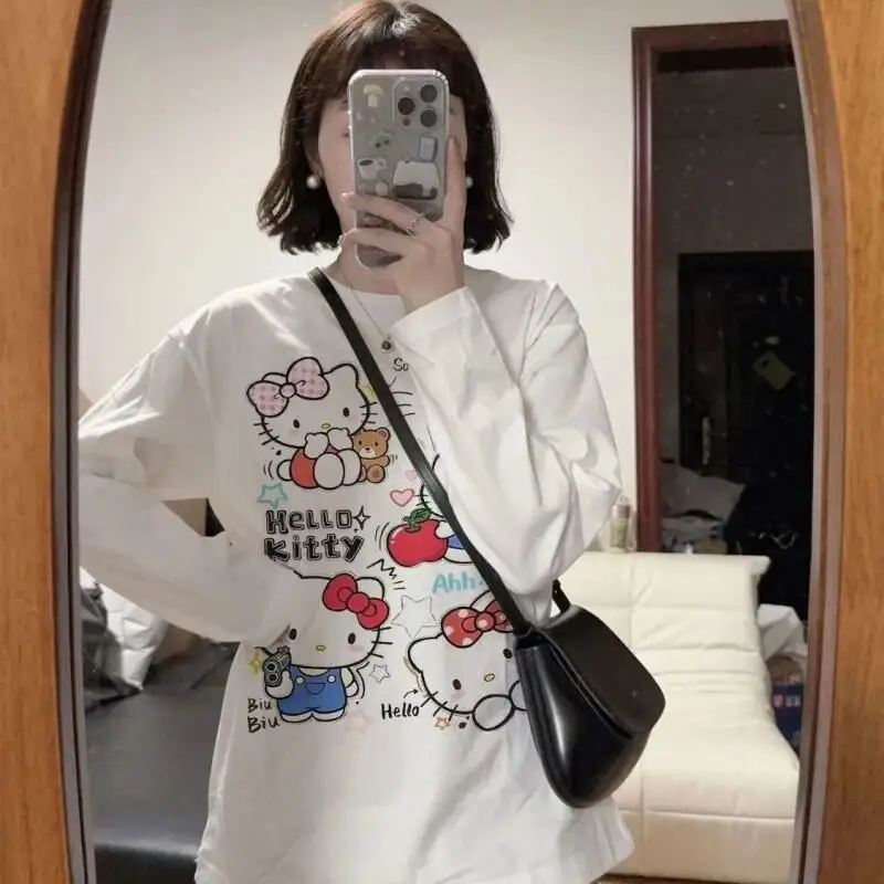 

Женские футболки Sanrio Hello Kitty, мягкие хлопковые топы унисекс для мужчин и для осенне-зимнего сезона, милые свободные футболки с героями мультфильмов, новый стиль