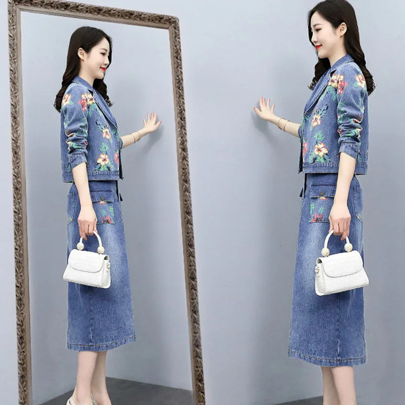 Fashion Denim Long-sleeved Suit Skirt Women's Spring New Korean Version Of the Slim Print Mid-length Skirt Casual Two-piece Tide