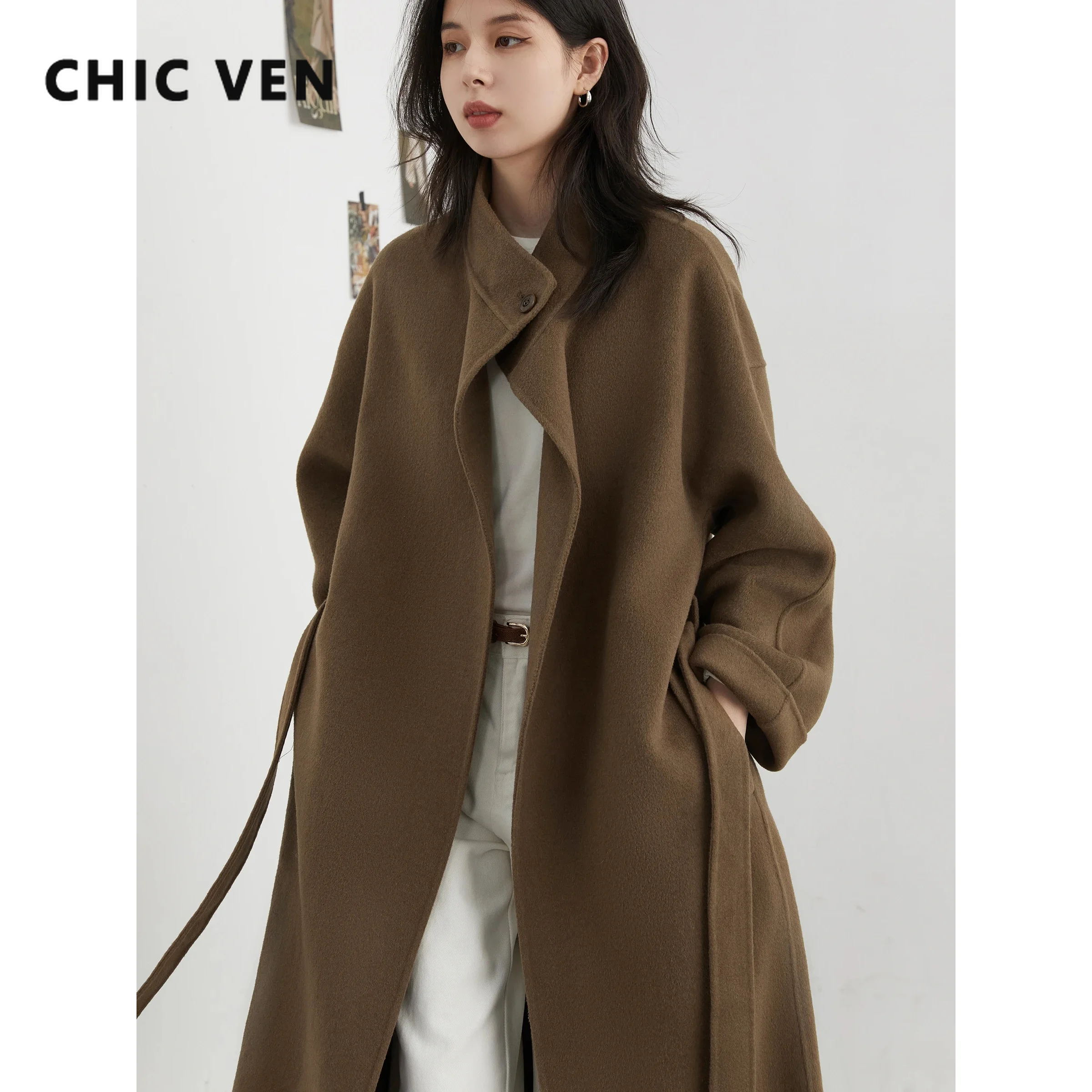 CHIC VEN Fashion Women Long Woolen Coat Loose New Stand Up Collar Belt Female Overcoat Solid Ladies Outwear Autumn Winter 2025