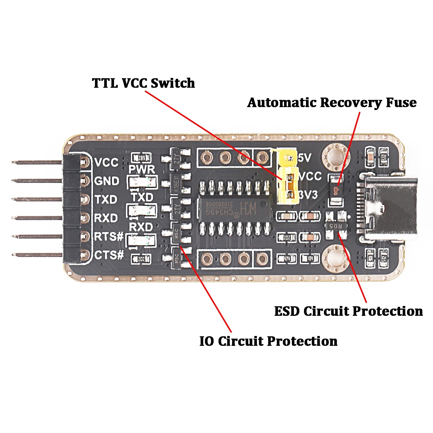 USB tipo C fêmea para conversor serial TTL, cabo adaptador, placa FTDI, USB tipo C, Dupont, 3.3V, 5V, 6 pinos, 6 P