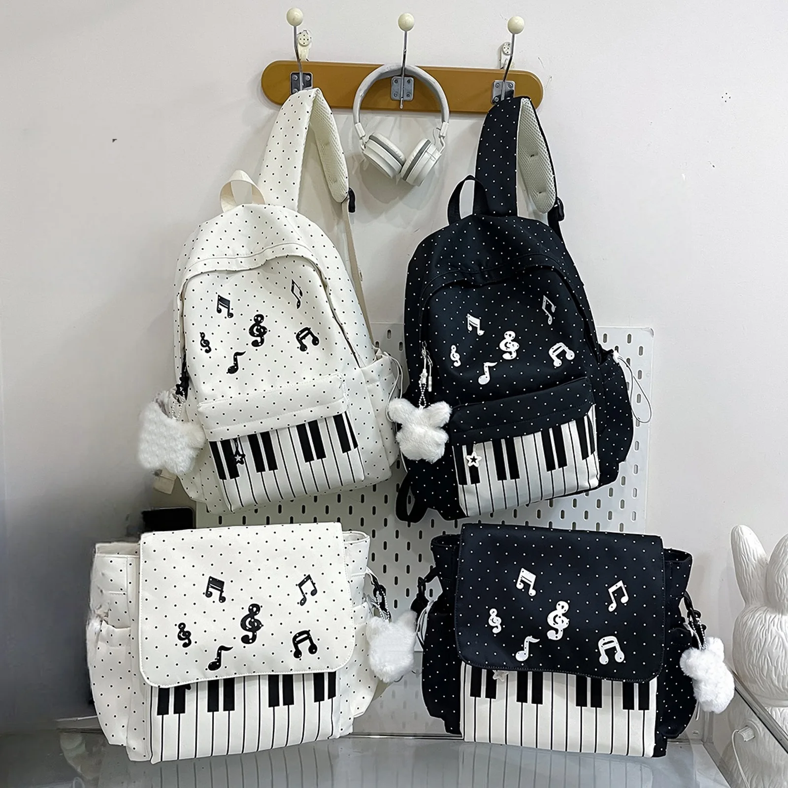 2Pcs Nylon Piano Aesthetic School Backpack with Shoulder Bag Travel Daypack Bags Large Capacity for College Commute