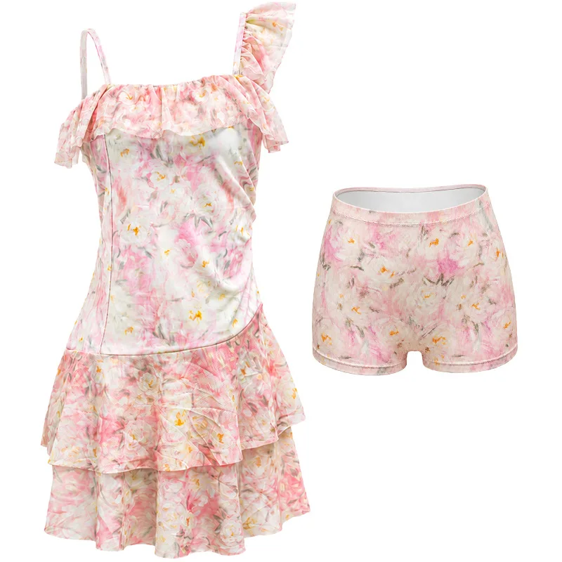 sexy one shoulder flower floral print ruffles mini dress with shorts bikinis sets two pieces swimsuits swimwear tankini biquini