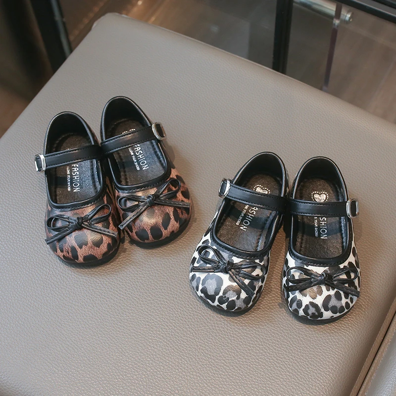 2026 Spring Autumn Little Girls Patchwork Flat Shoes Princess Leopard Kids Leather Shoes Children Mary Jane Shoes with Bow