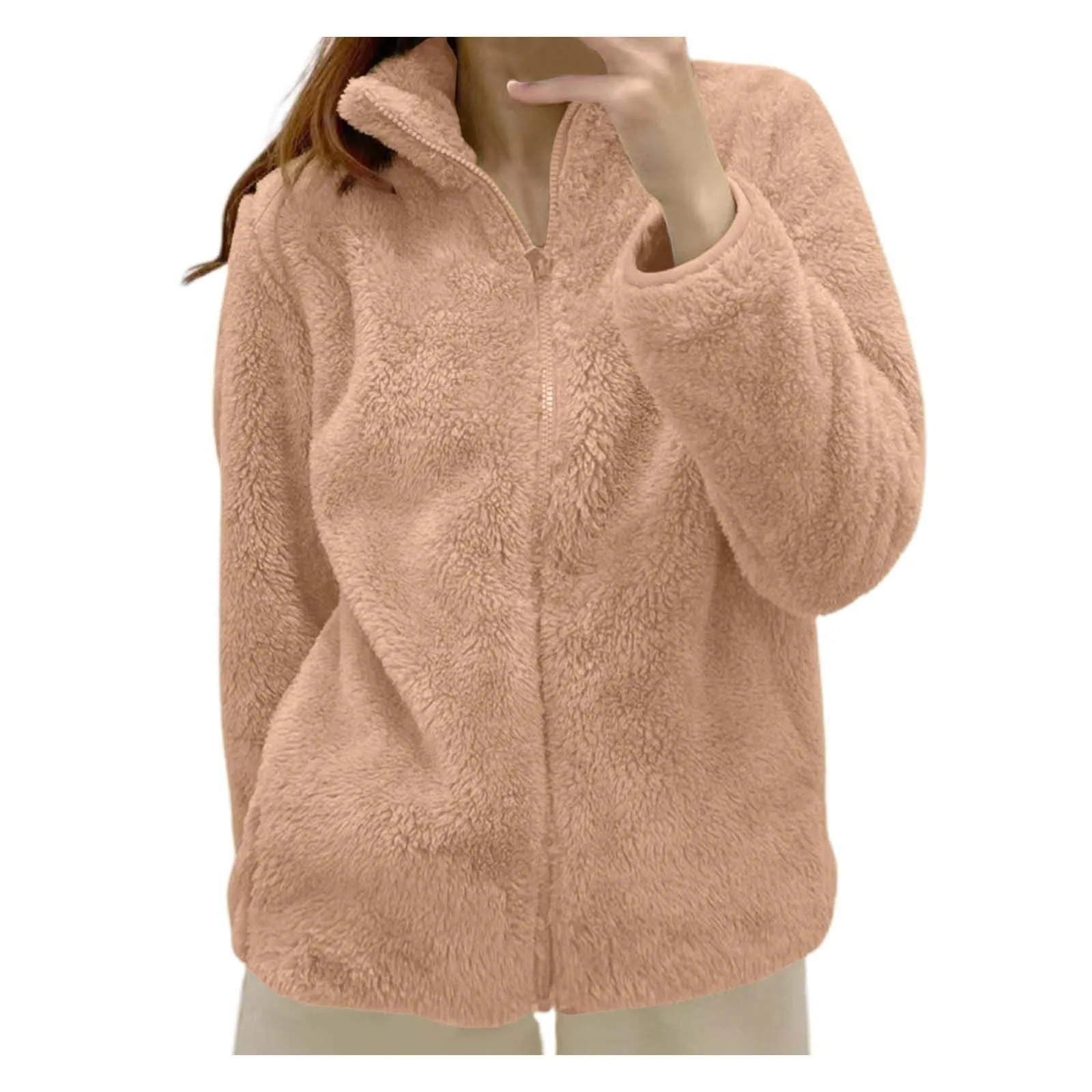 Fleece Jacket Women's Stand Up Collar Lined Teddy Jacket Warm Fluffy Jackets Plain Cardigan Baggy Ladies Sweater Jacket With Zip