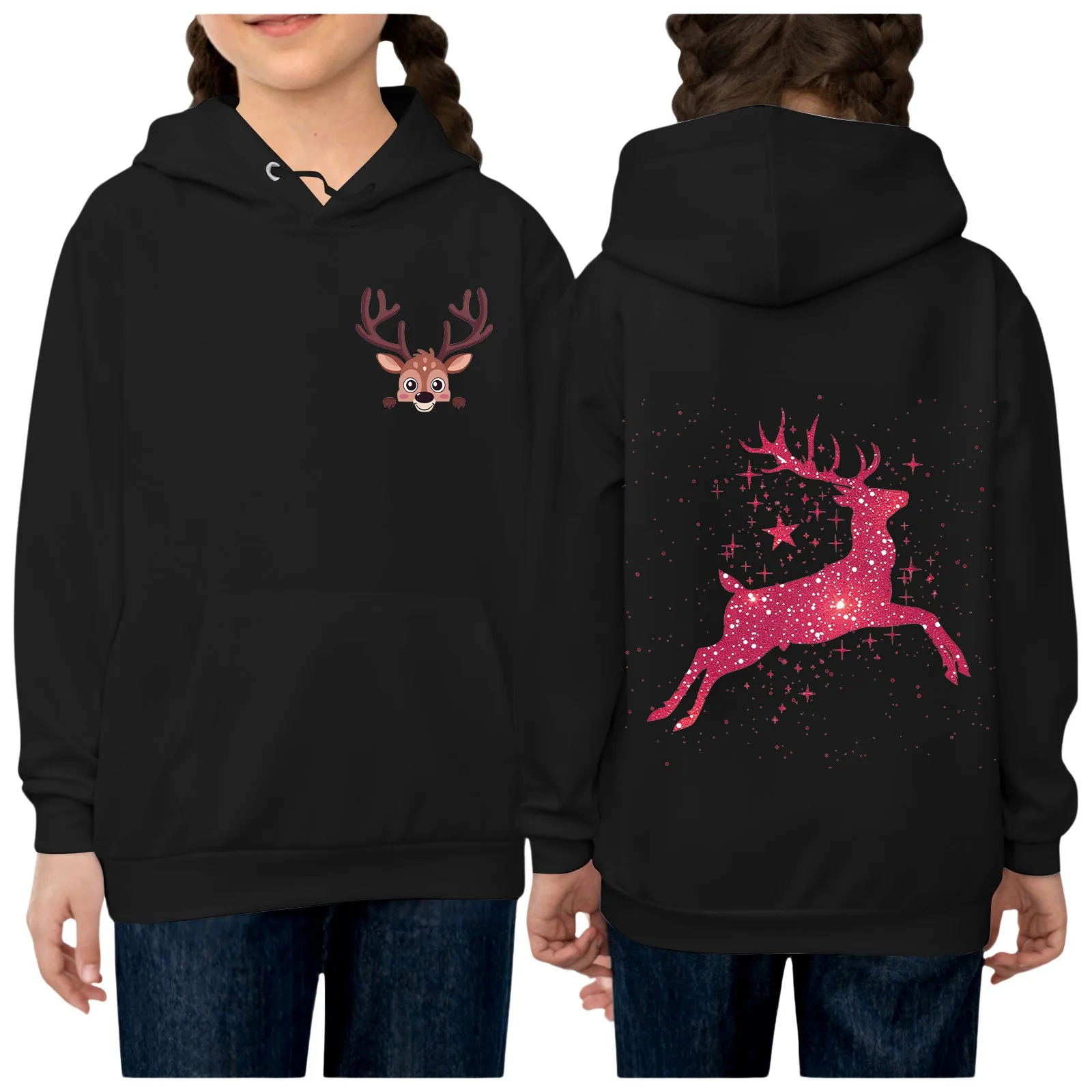 Kids Hooded Sweatshirt Christmas Tops Tree Reindeer Boys Girls Cute Xmas Pullovers Loose Costumes Fancy Children's Clothing